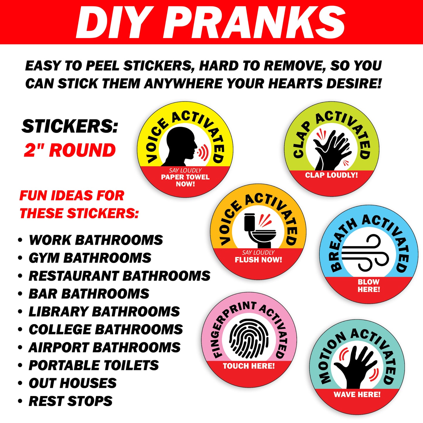 Prank Voice Activated, Motion, Clap, Bathroom Stickers - 30 QTY