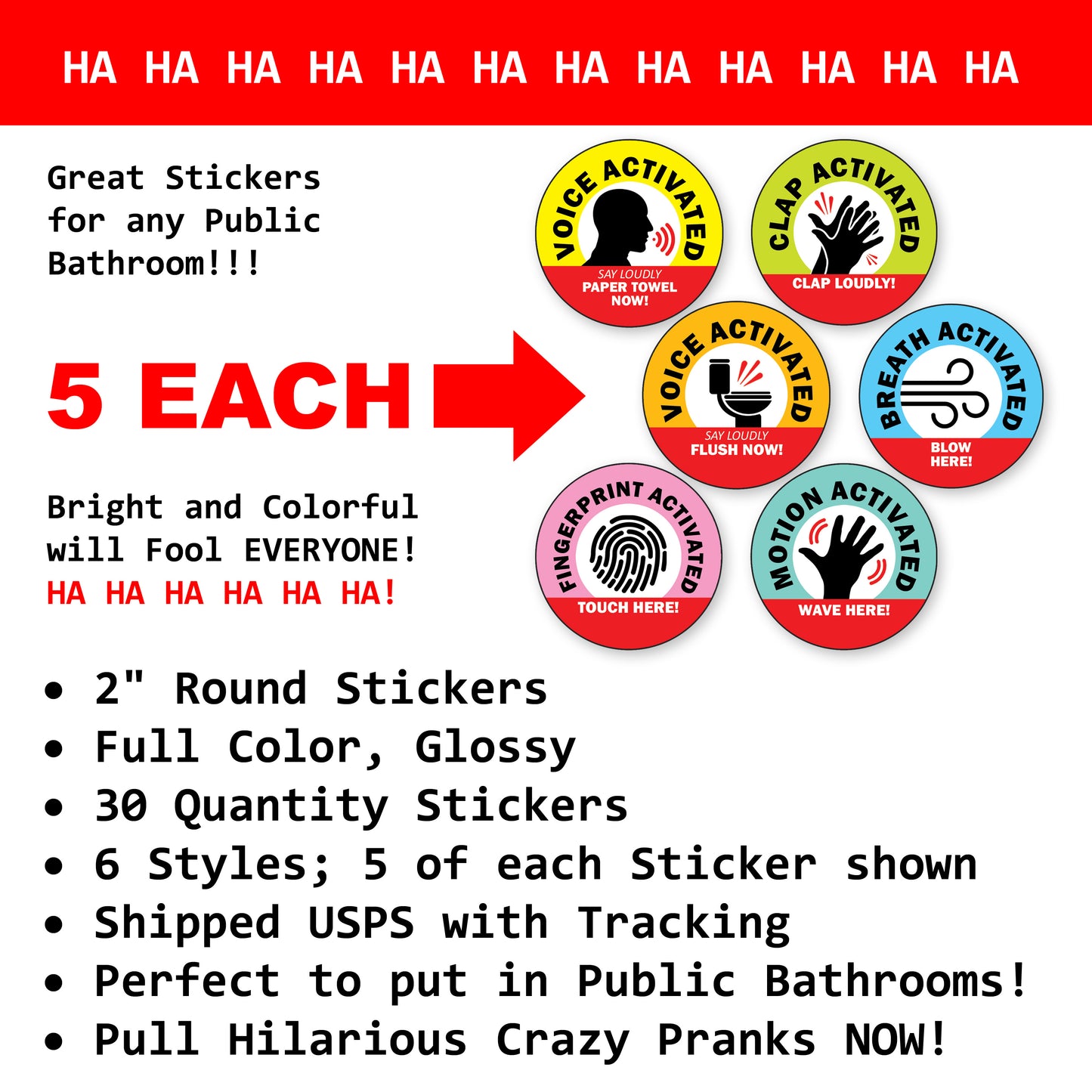 Prank Voice Activated, Motion, Clap, Bathroom Stickers - 30 QTY