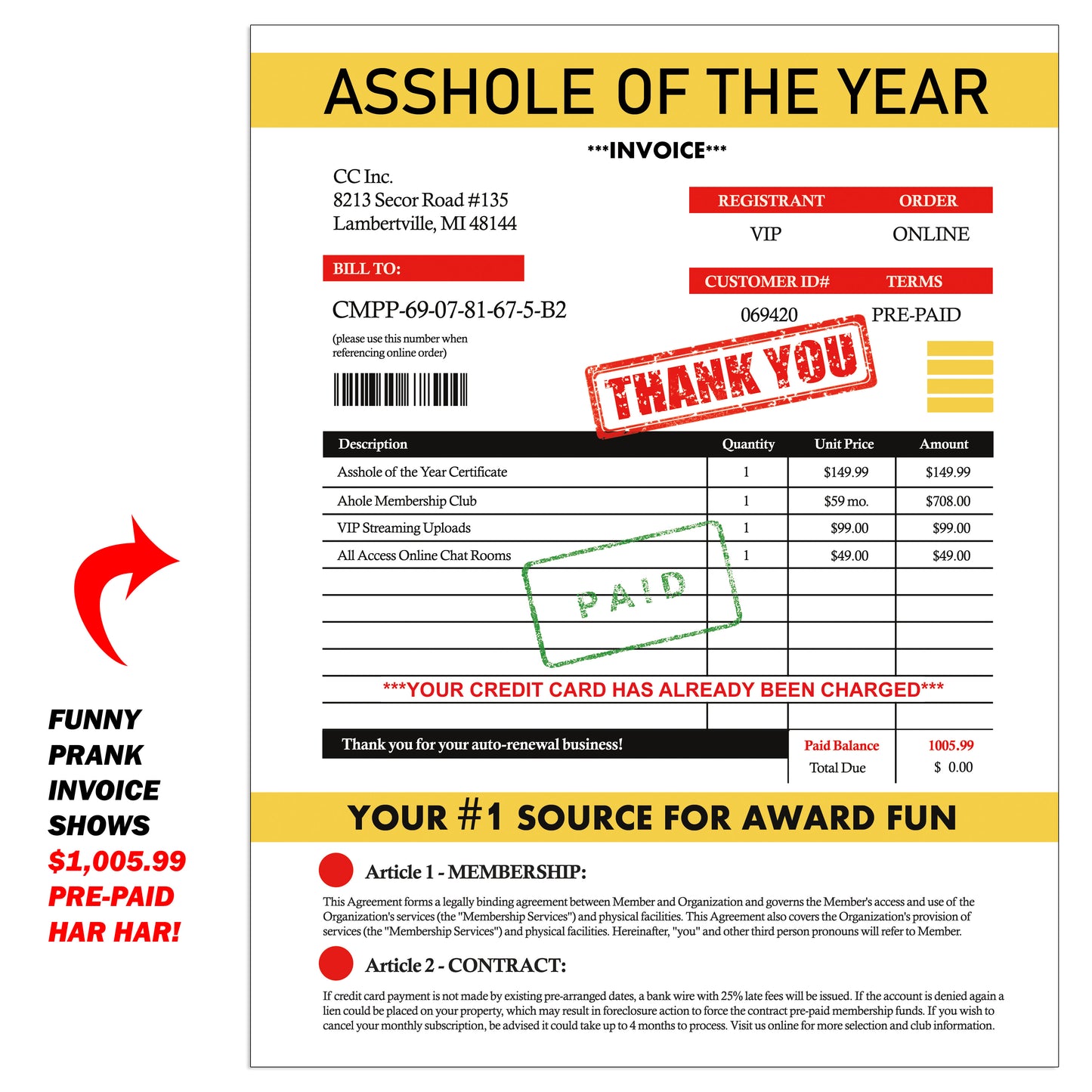 Asshole of the Year Certificate Award Prank Mail