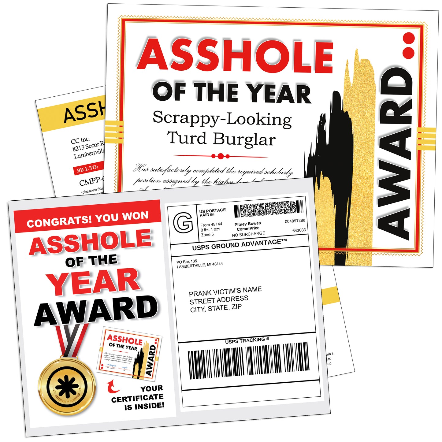 Asshole of the Year Certificate Award Prank Mail