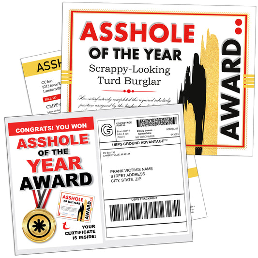 Asshole of the Year Certificate Award Prank Mail
