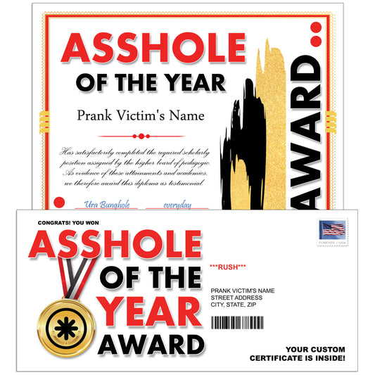 Asshole of the Year Award Certificate Prank Mail