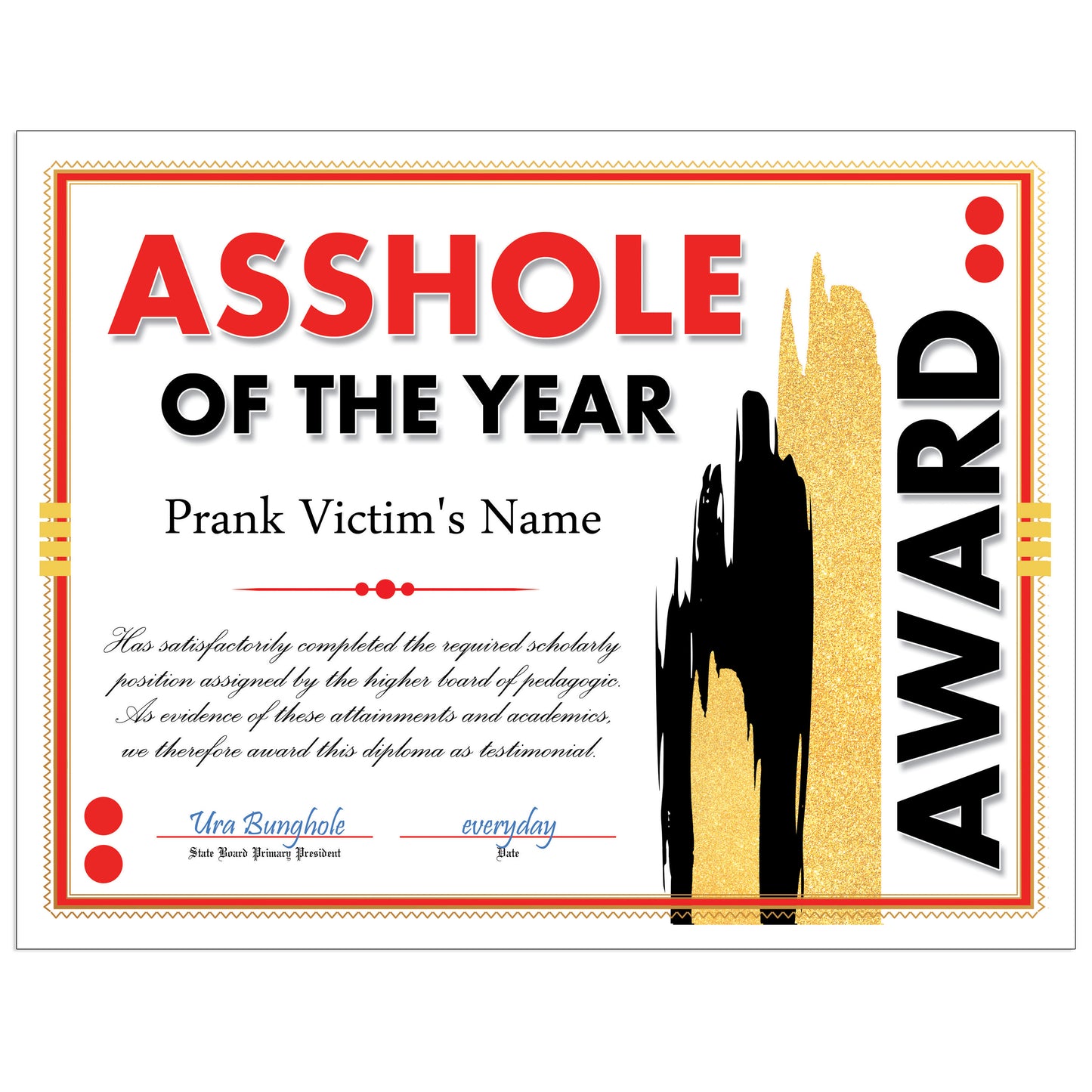 Asshole of the Year Certificate Award Prank Mail Letter