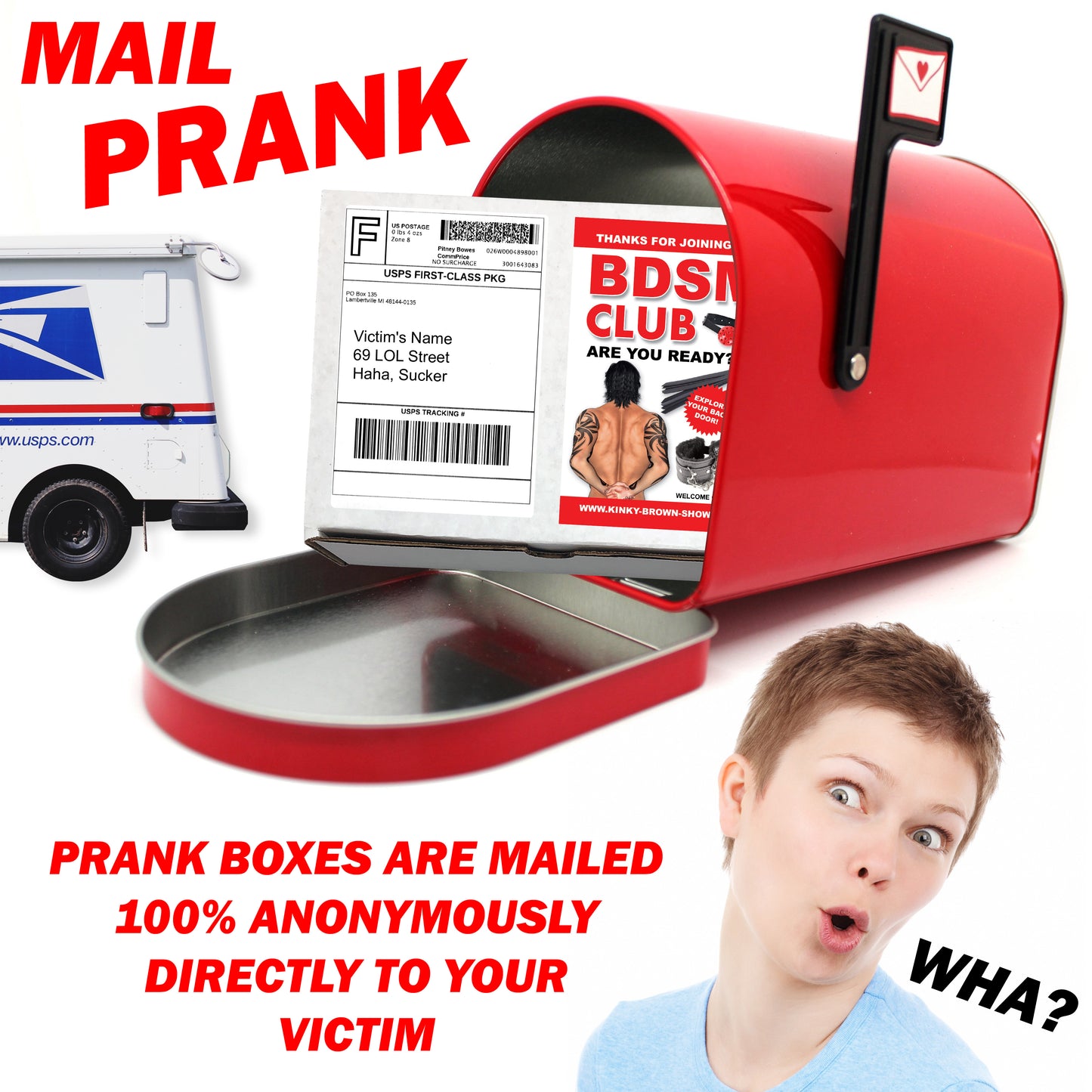 BDSM Club embarrassing prank box gets mailed directly to your victims 100% anonymously!