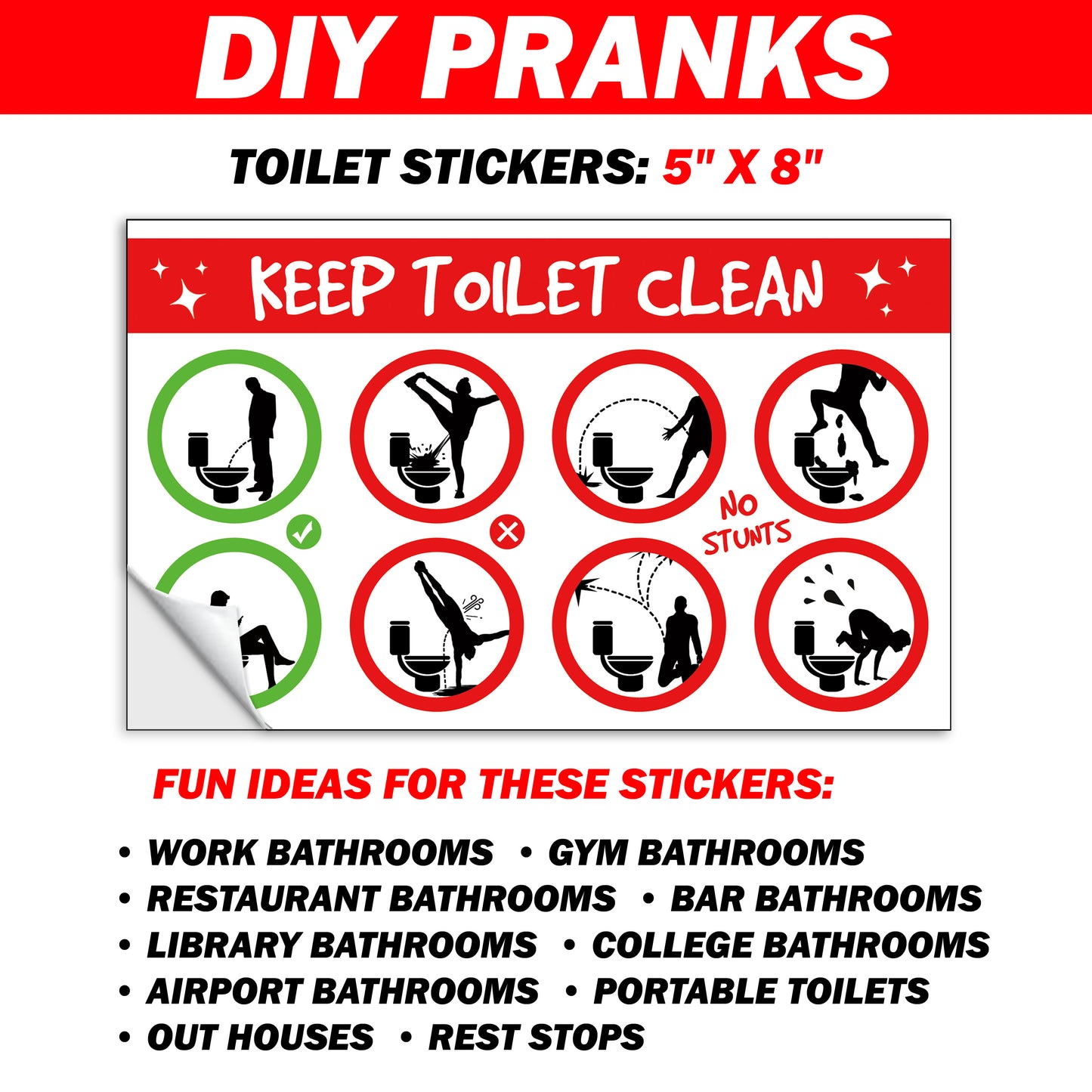 Funny Men's Bathroom Toilet Prank Stickers 12 QTY