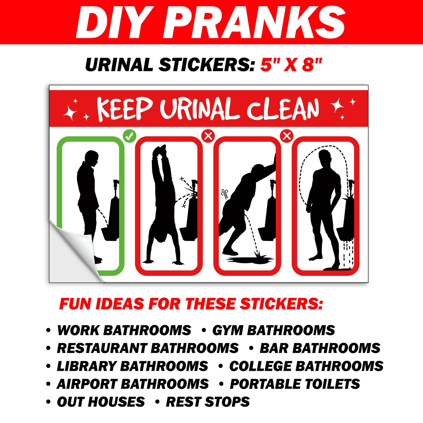 Funny Men's Bathroom Urinal Prank Stickers 12 QTY