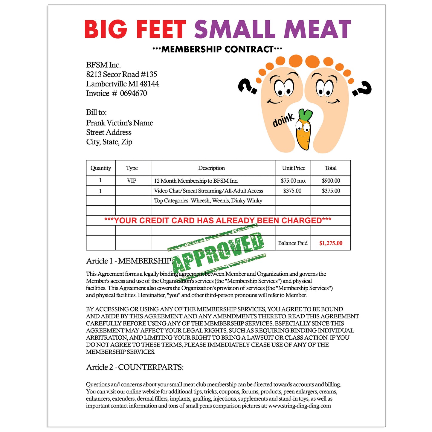 Big Feet Small Meat Prank Letter