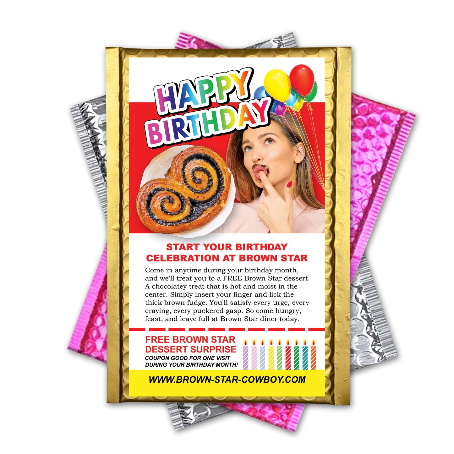 Happy Birthday Brown Star Fake Bday Coupon Mail Gag Gift