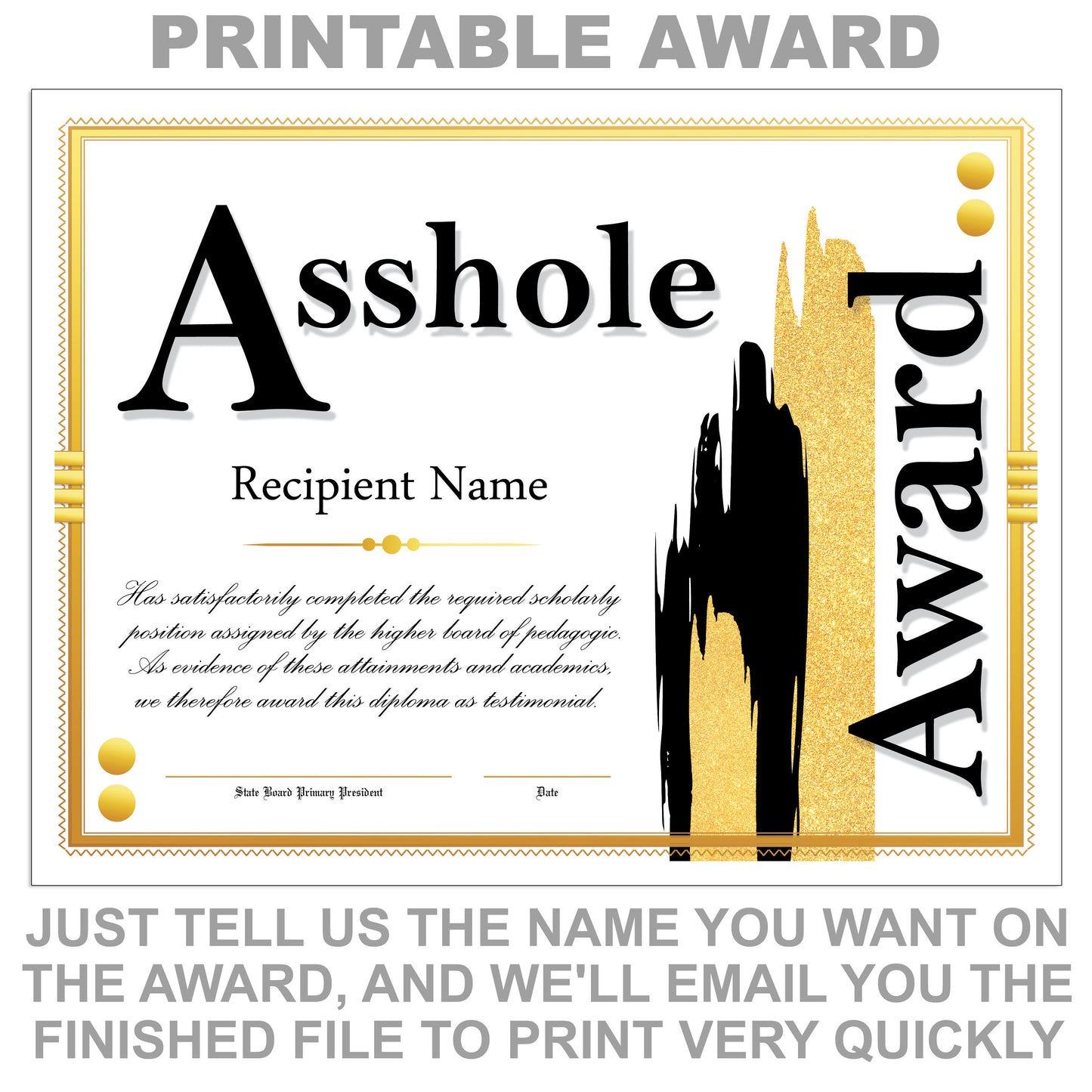 Asshole Award Printable Certificate
