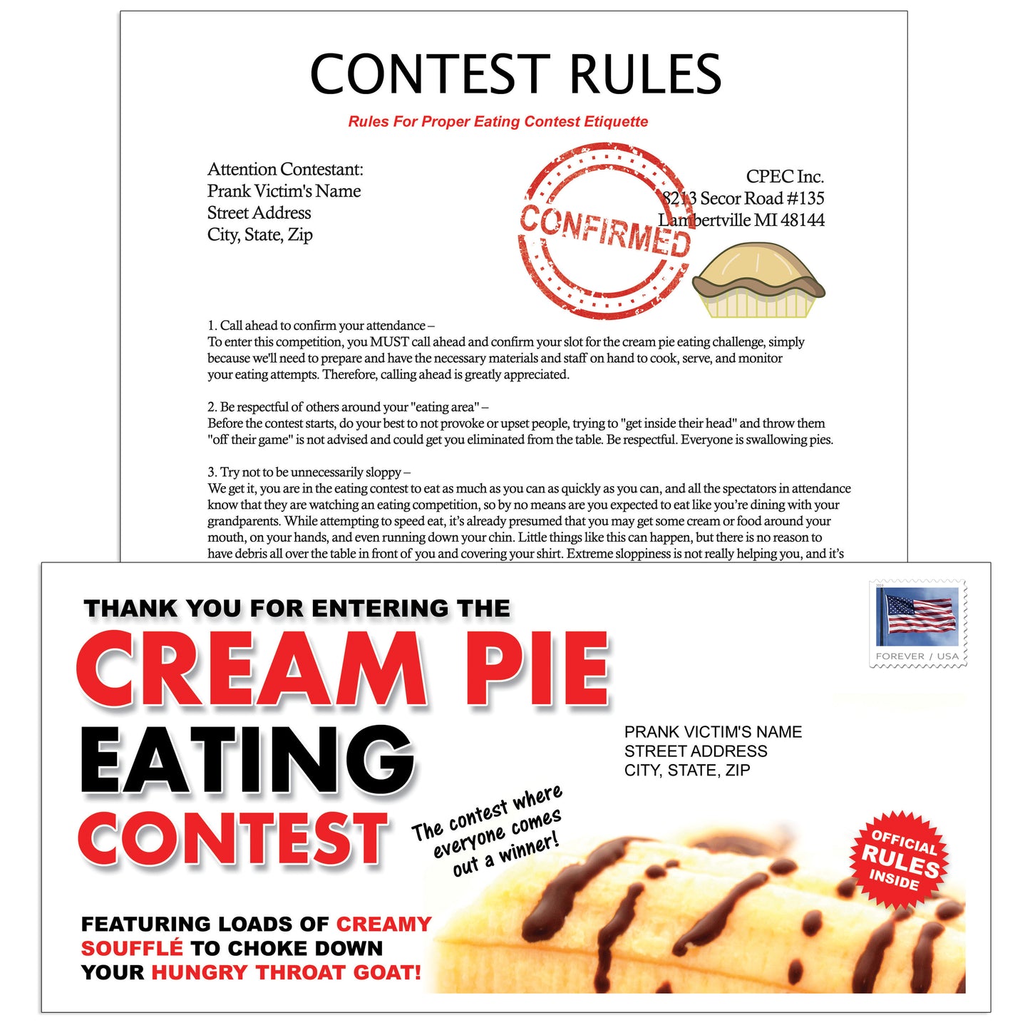 Cream Pie Eating Contest Prank Mail