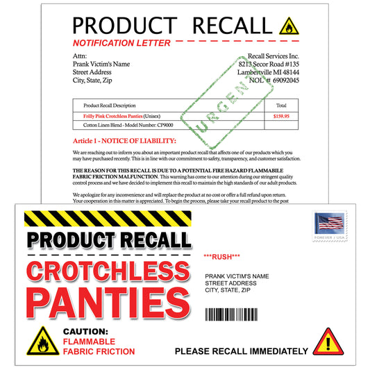 Crotchless Panty Product Recall  Prank Mail Letter