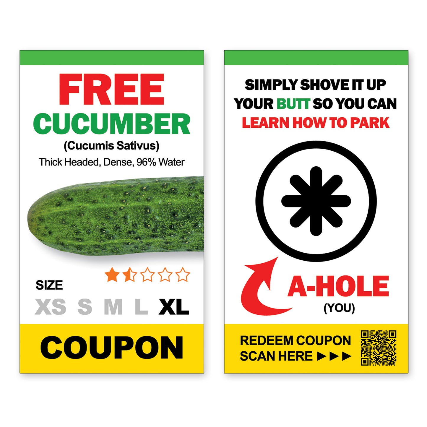 Cucumber A-Hole Bad Parking Cards, 50 Pack