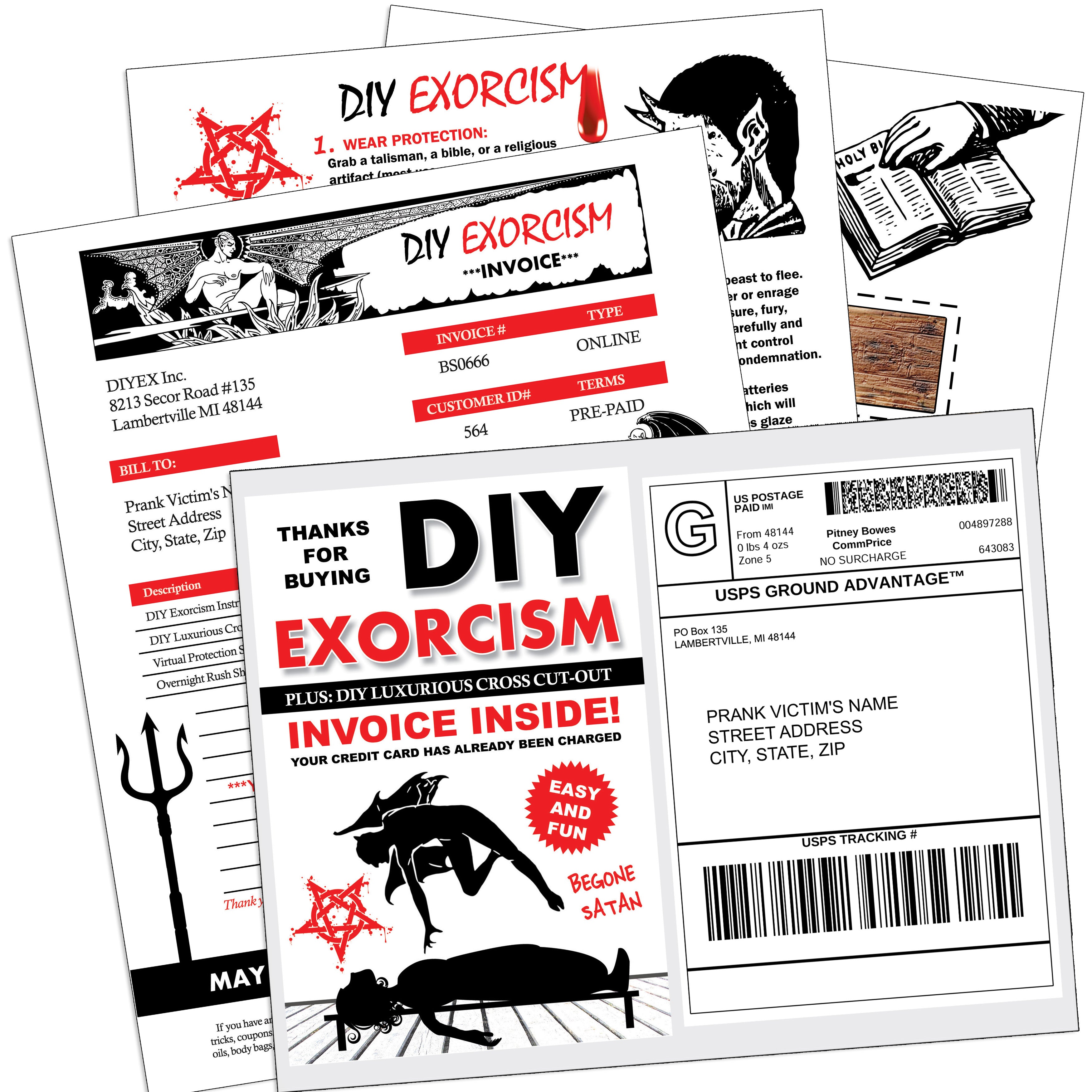 Prank Mail Fake DIY Exorcism Instruction Kit and Cross – Design Doggie