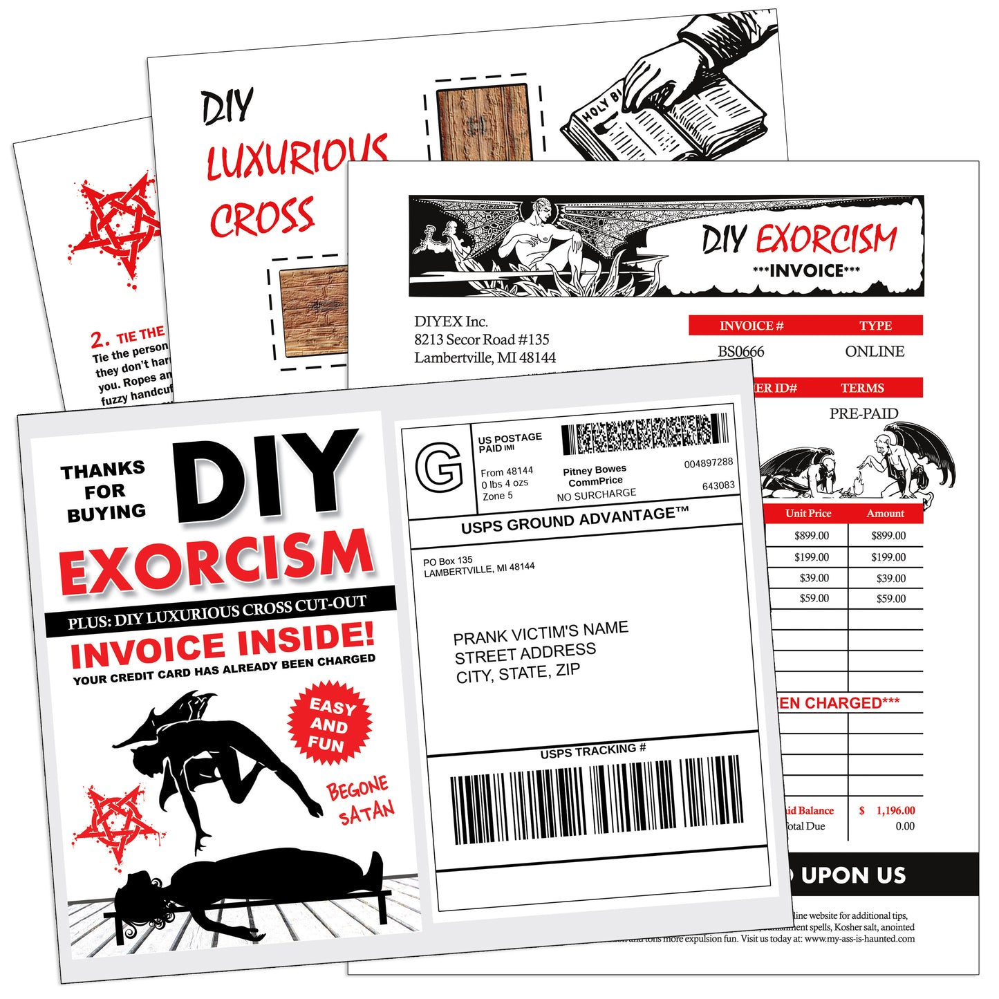 Prank Mail Fake DIY Exorcism Instruction Kit and Cross