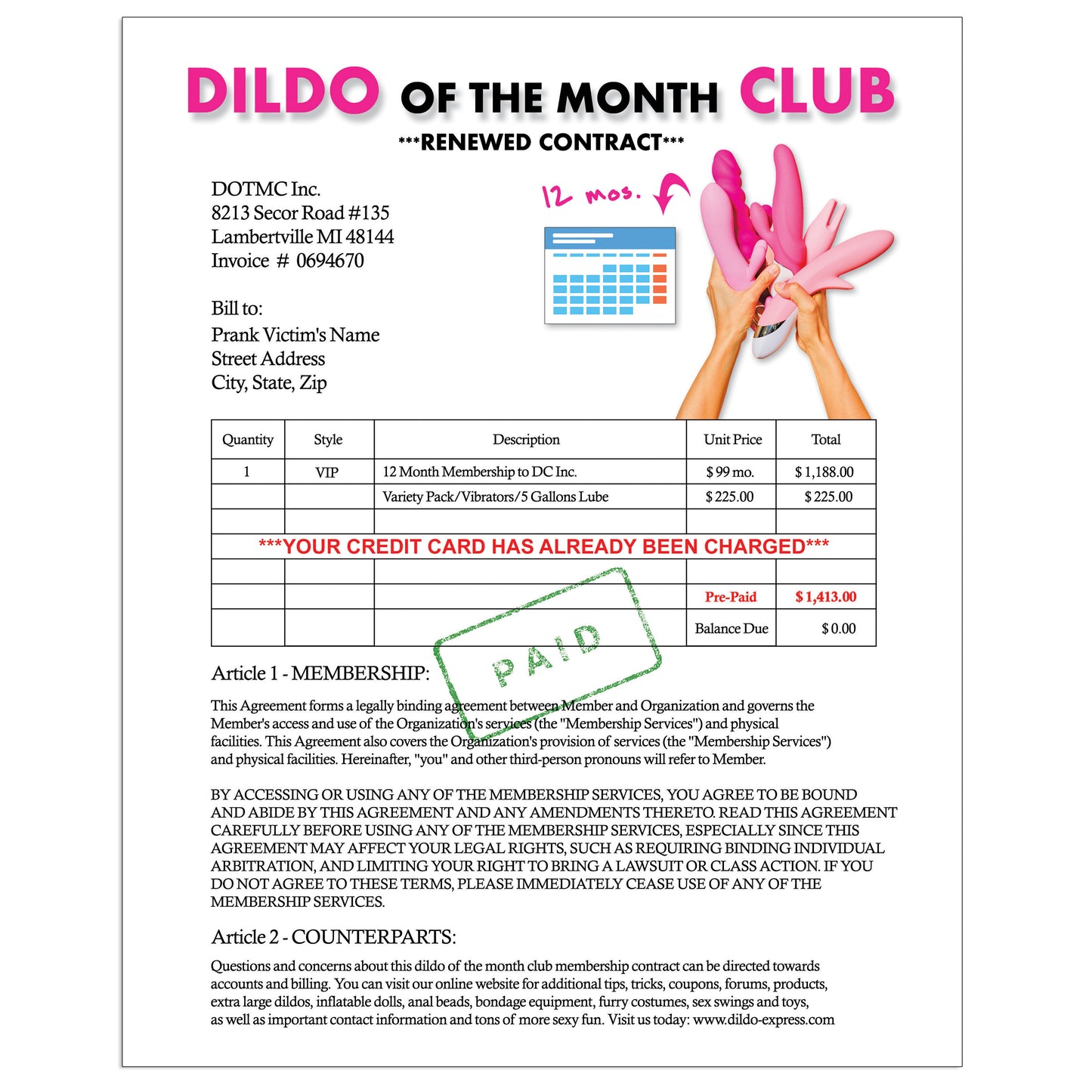 Dildo of the Month Club Prank Letter