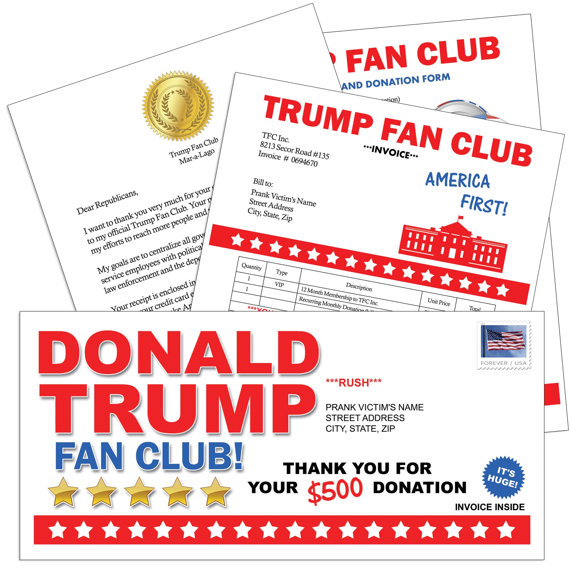 Donald Trump Fan Club Fake Donation  Prank Mail Letter