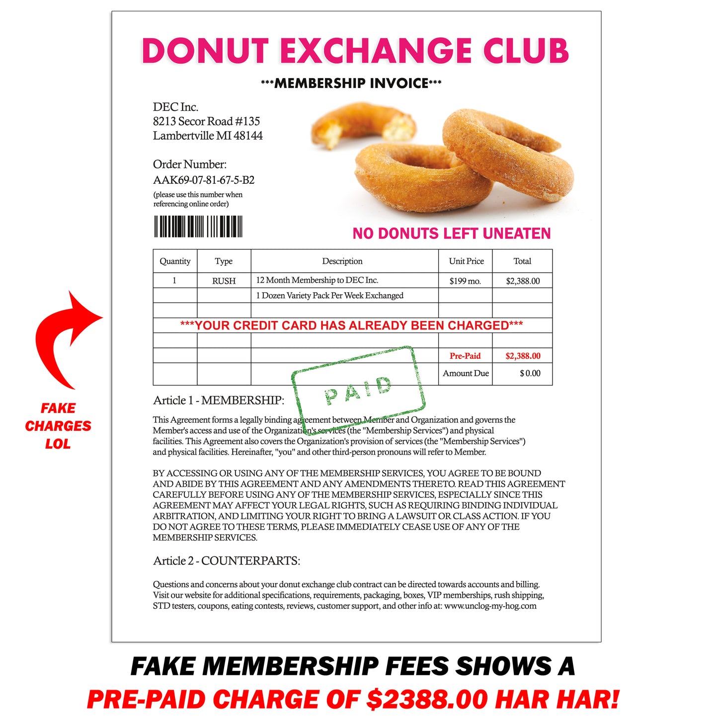 Donut Exchange Club Fake Document Prank Mail