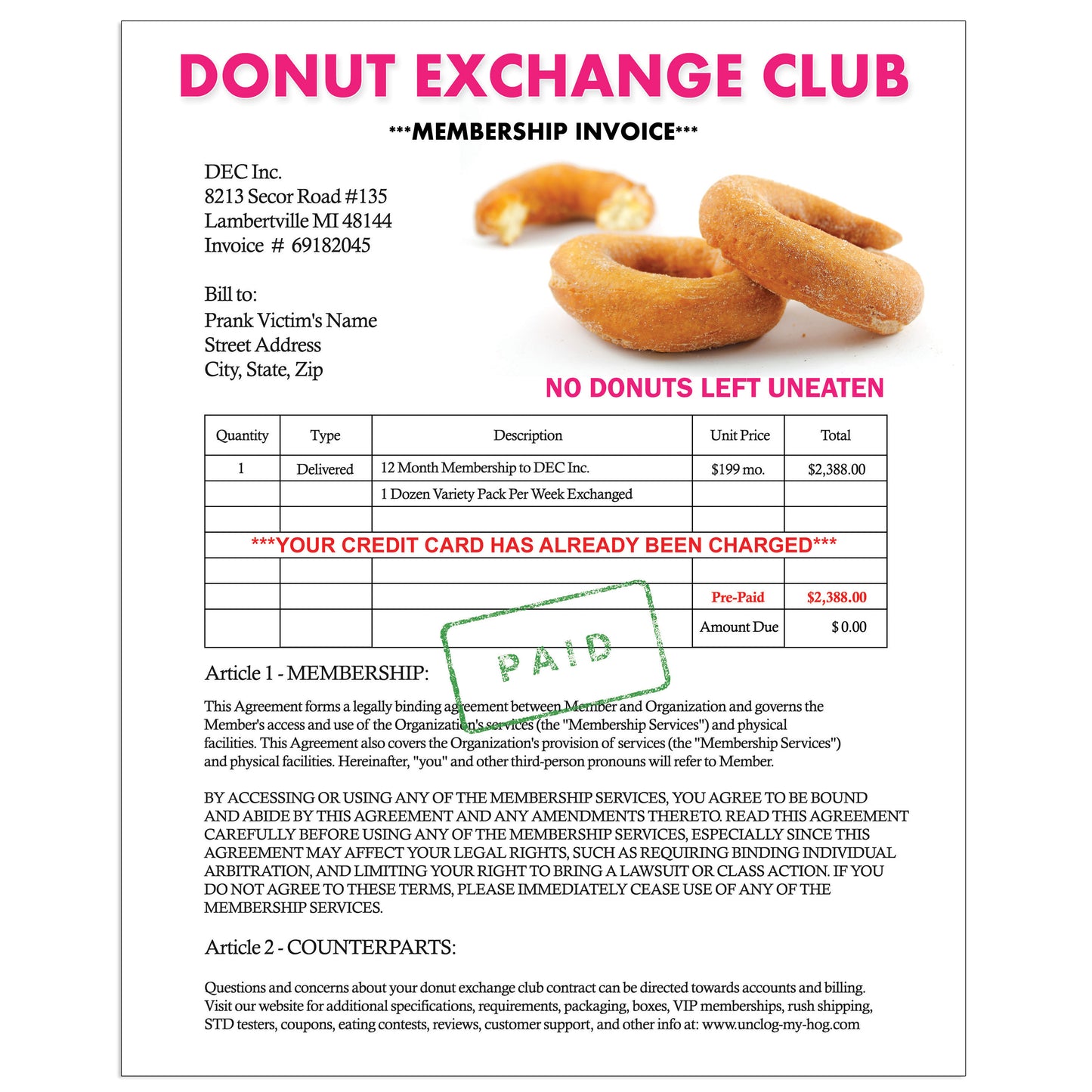 Donut Exchange Club Prank Letter Mailer (Copy)