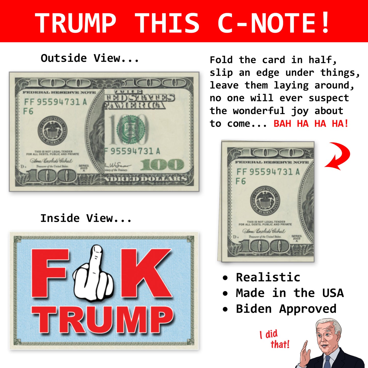 Fuck Trump Fake Prank Hundred Dollar Bills Money with a Middle Finger! 50 Qty!