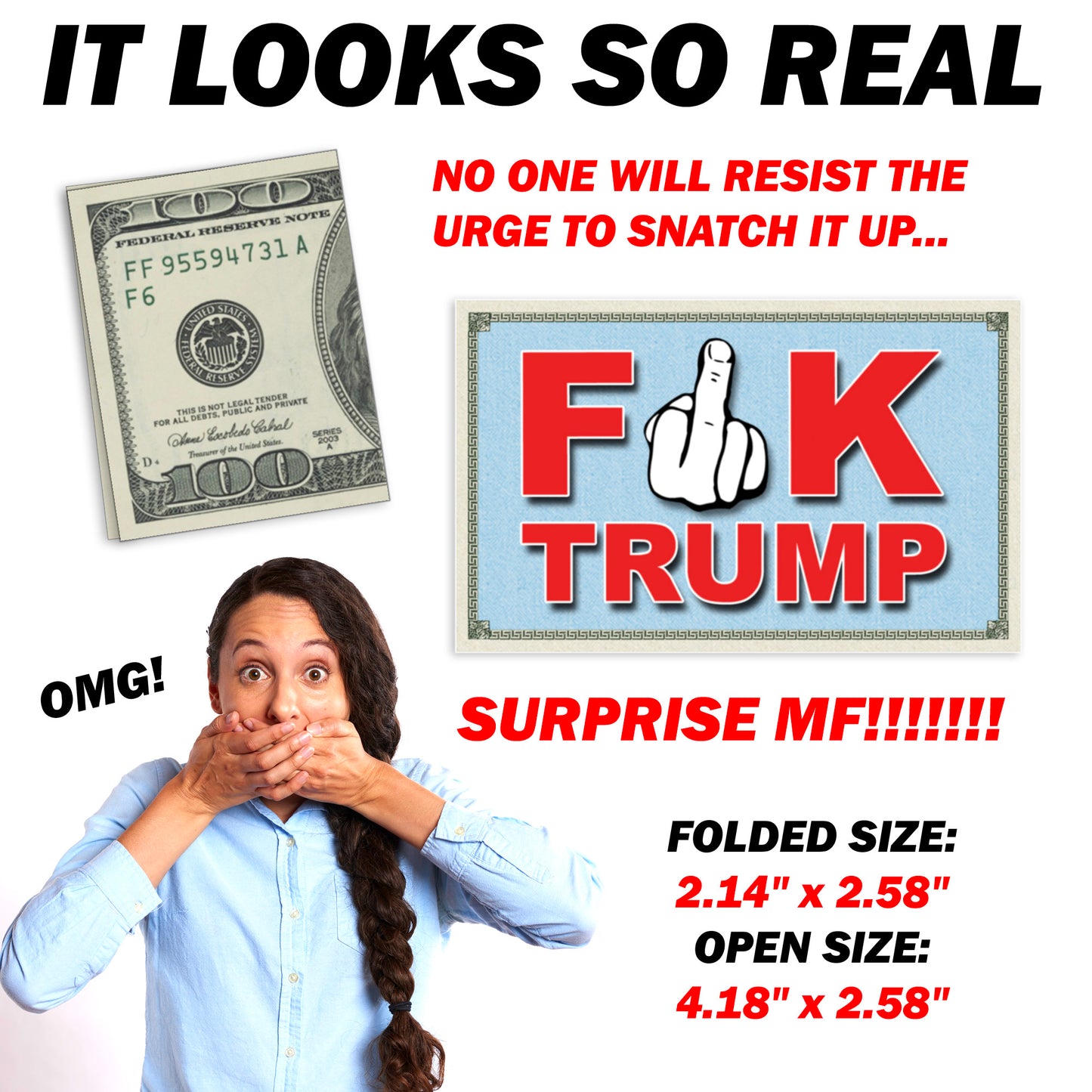 Fuck Trump Fake Prank Hundred Dollar Bills Money with a Middle Finger! 50 Qty!