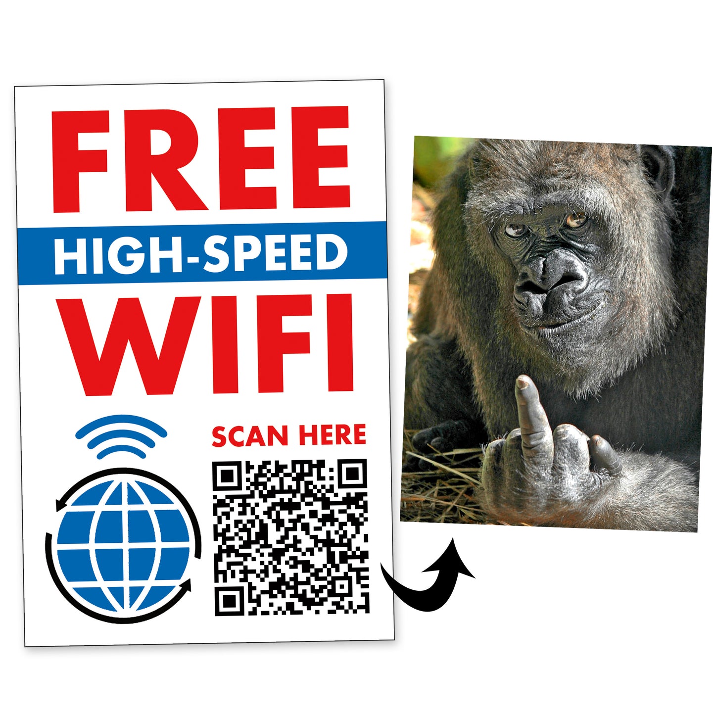Wifi Gorilla Middle Finger QR Code Prank Stickers - 15 QTY