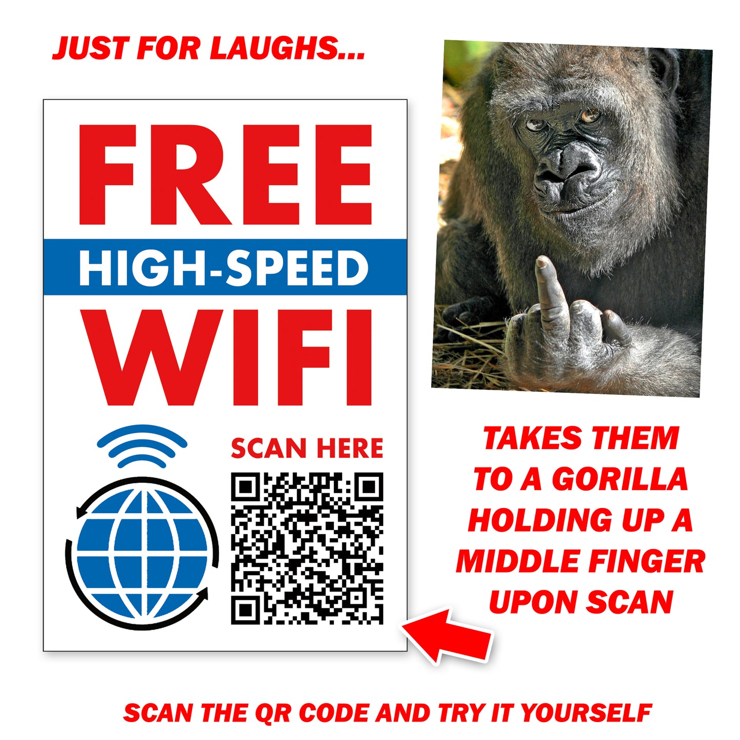 Wifi Gorilla Middle Finger QR Code Prank Stickers - 15 QTY