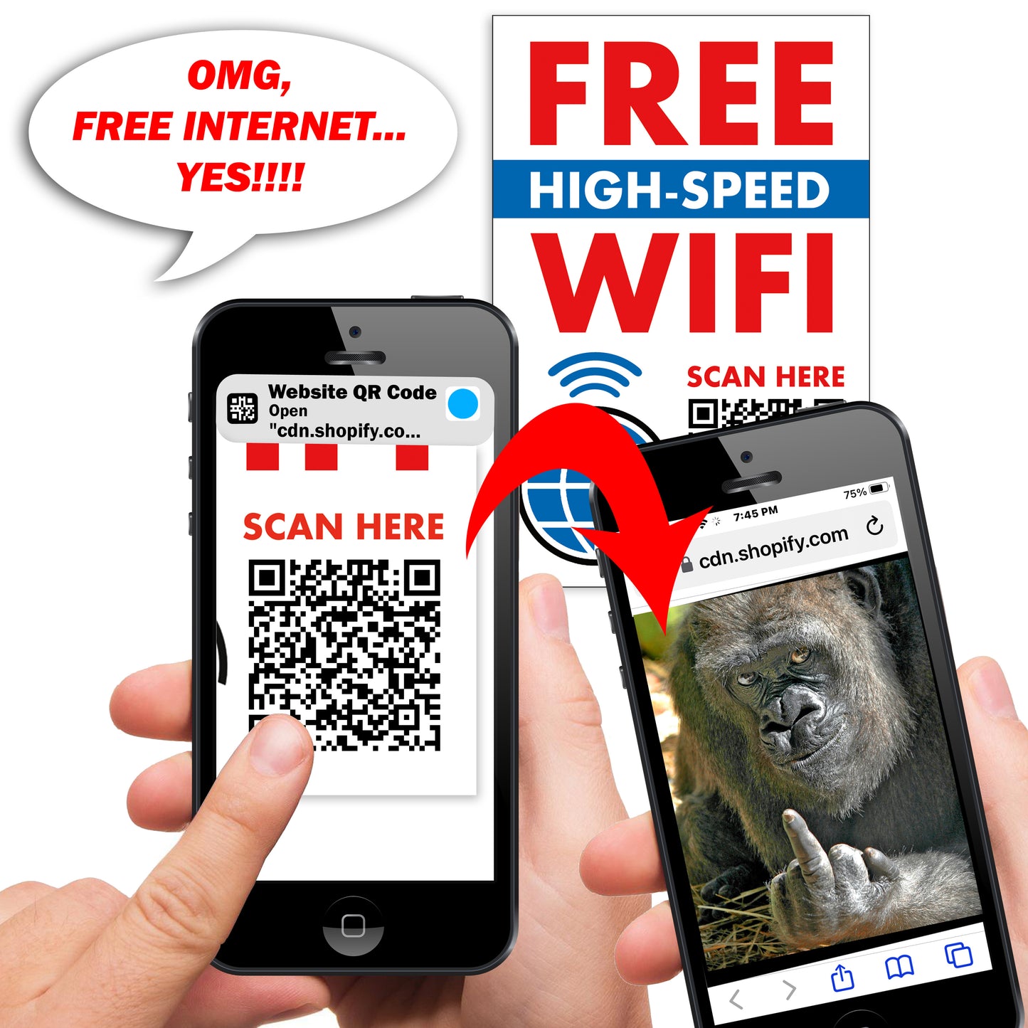 Wifi Gorilla Middle Finger QR Code Prank Stickers - 15 QTY