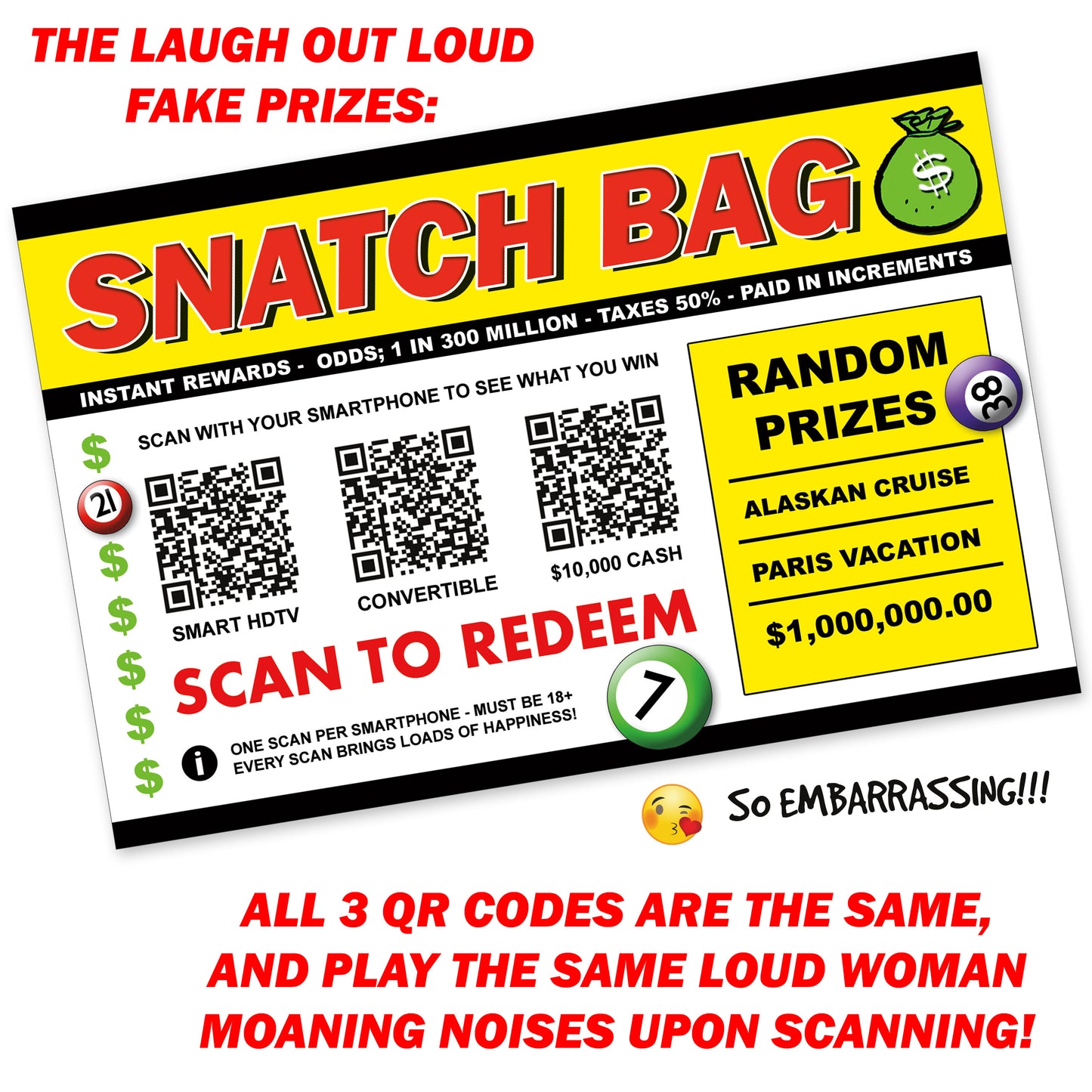 Embarrassing Snatch Bag Fake Prank Prize Cards / Postcards - Endless Laughter - Set of 12