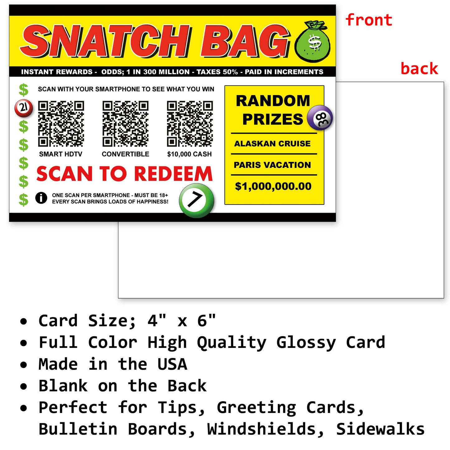 Embarrassing Snatch Bag Fake Prank Prize Cards / Postcards - Endless Laughter - Set of 12