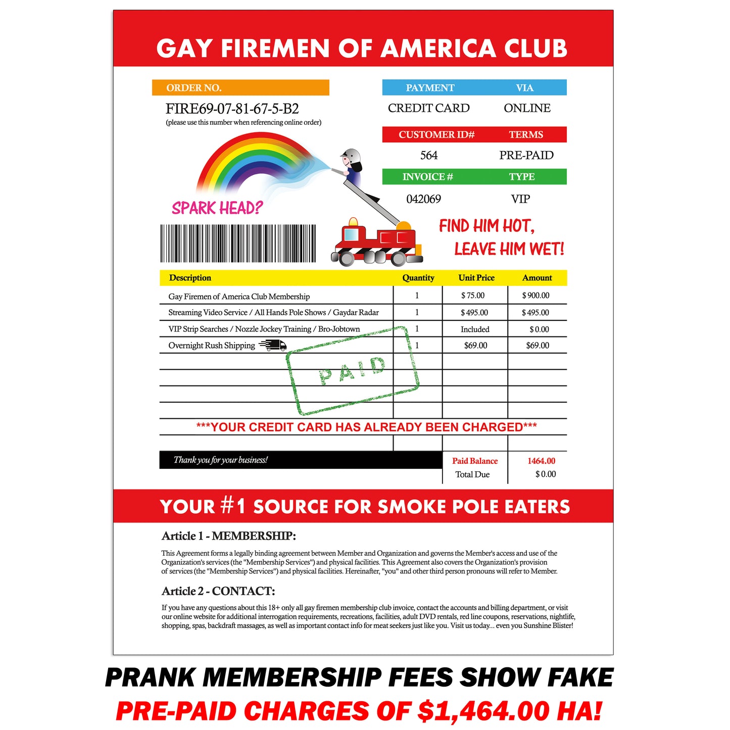 Gay Firemen Gag Membership Club Prank Mail Packet