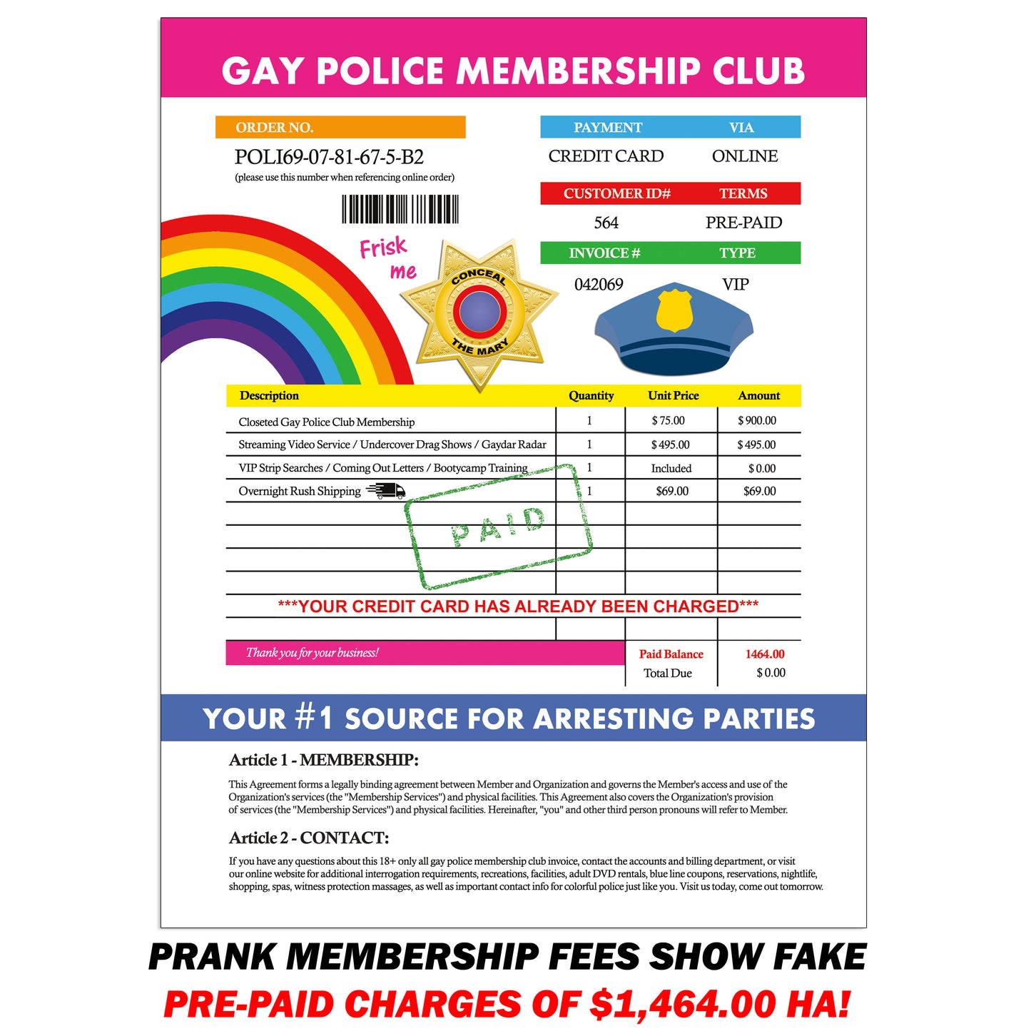 Gay Police Prank Membership Club Document Prank Mail Packet