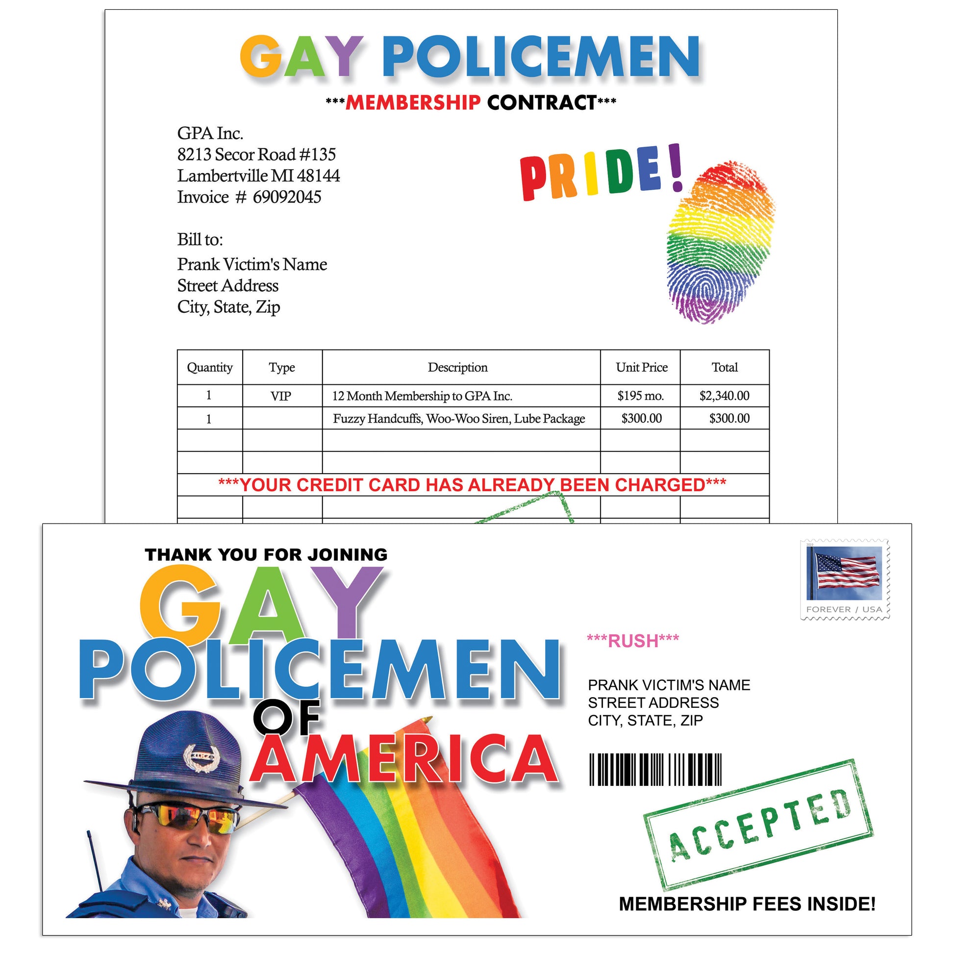 Gay Policemen of America Prank Envelope Letter Mail Gag