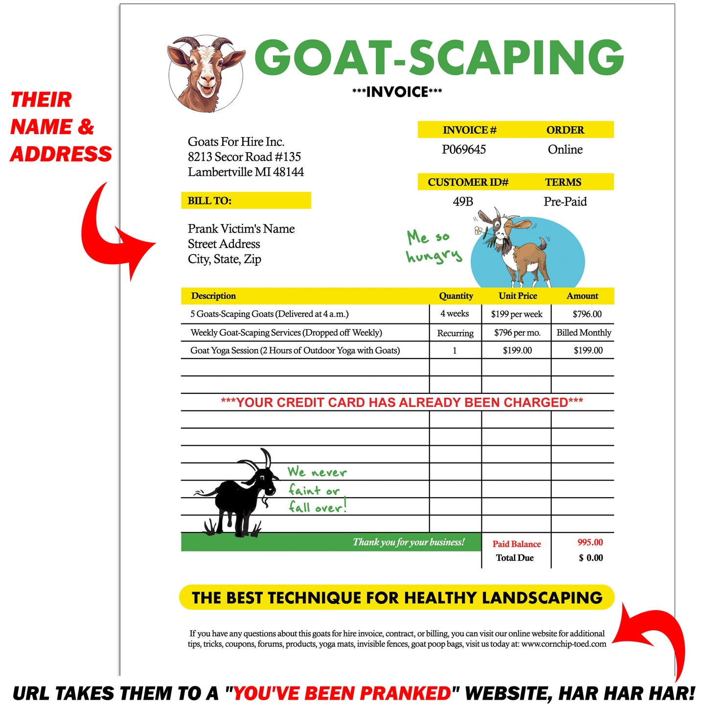 Goatscaping Goats for Hire Prank Mail Fake Gag Invoice!