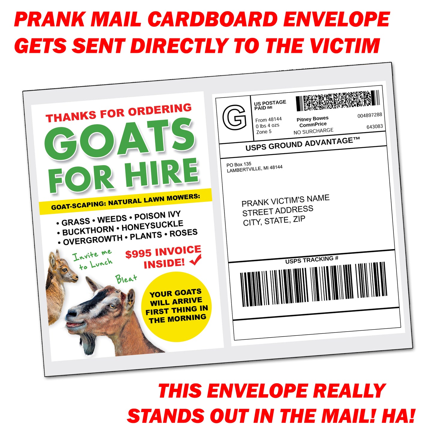 Goats for Hire Fake Goatscaping Prank Mail Gag