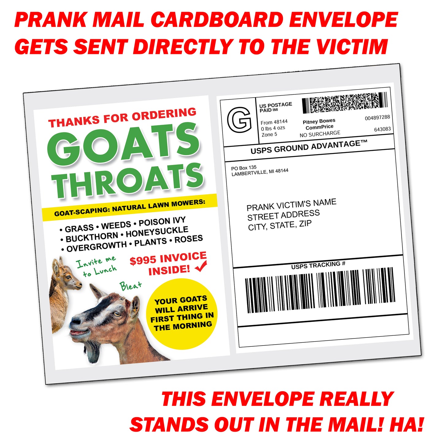 Goats Throats Fake Goatscaping Prank Mail Gag