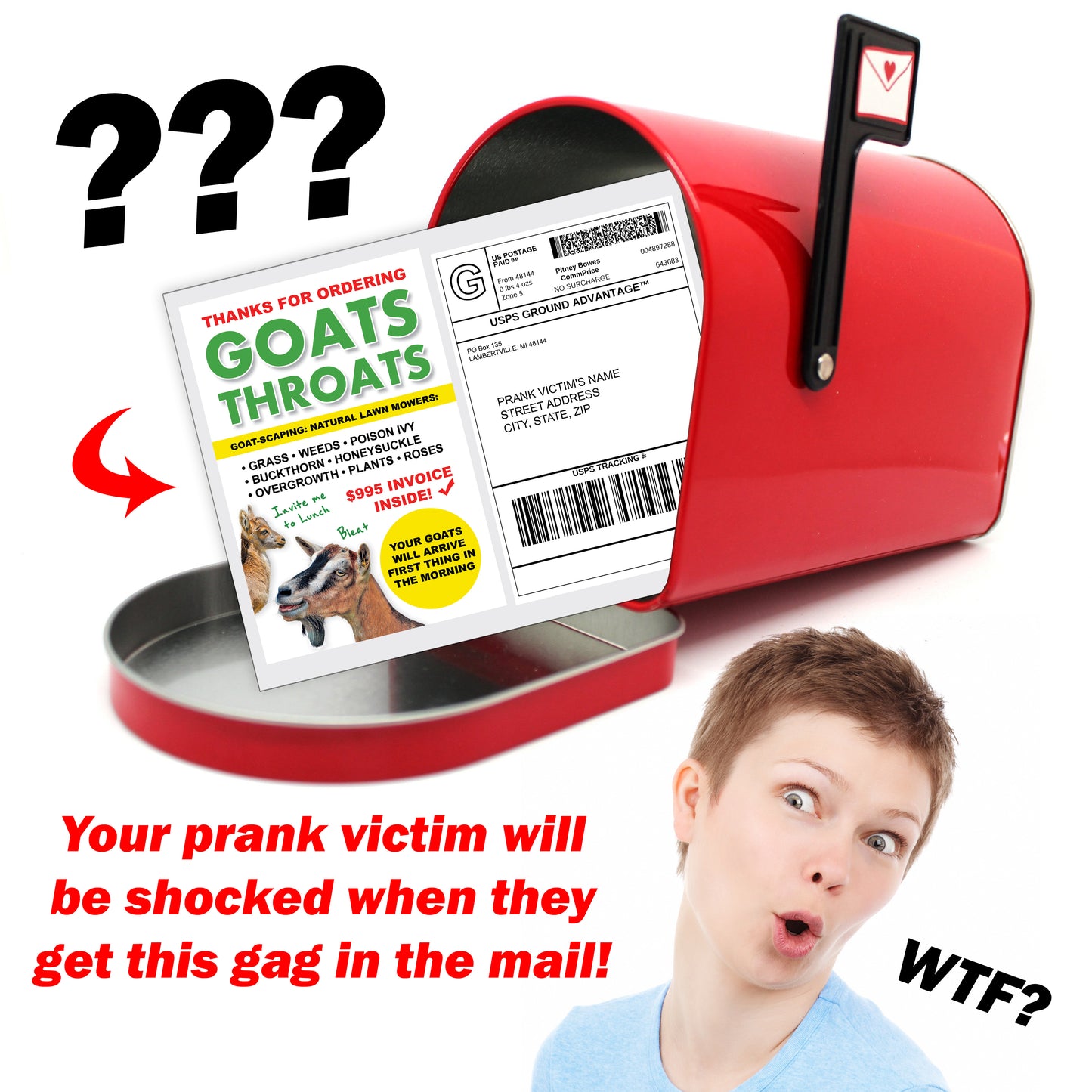 Goats Throats Fake Goatscaping Prank Mail Gag