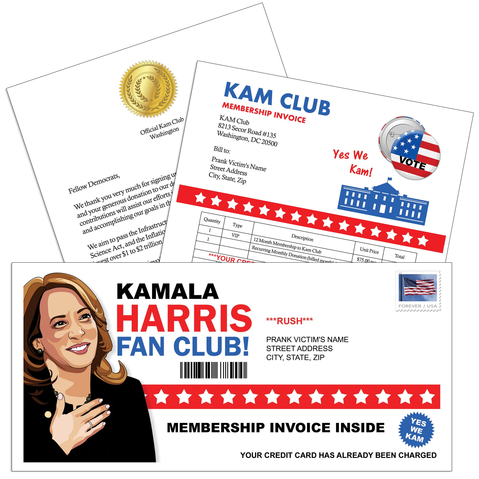 Kamala Harris Fake Prank Fan Club Membership Packet Mailer