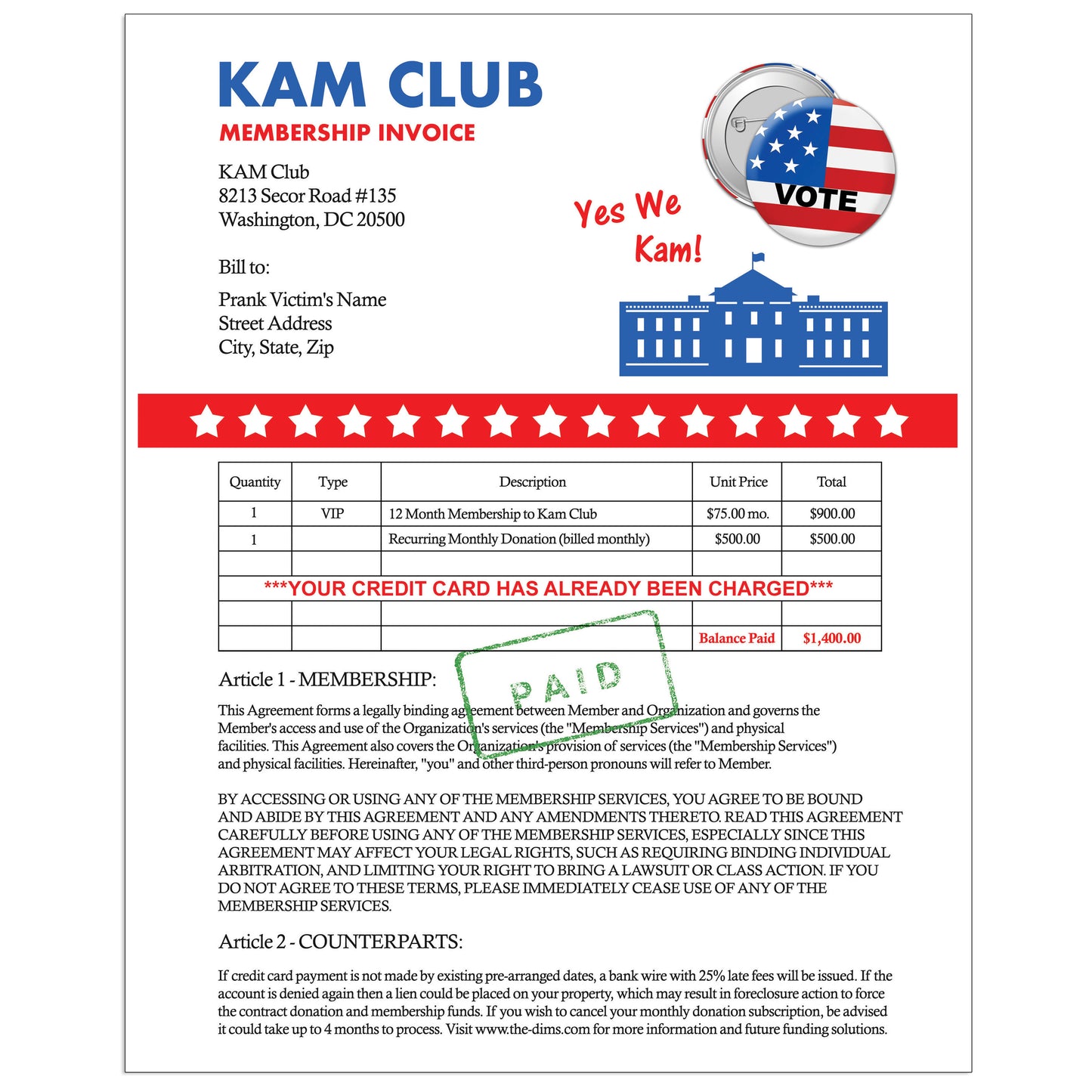 Prank - Kamala Harris Fake Fan Club Membership Mail Joke