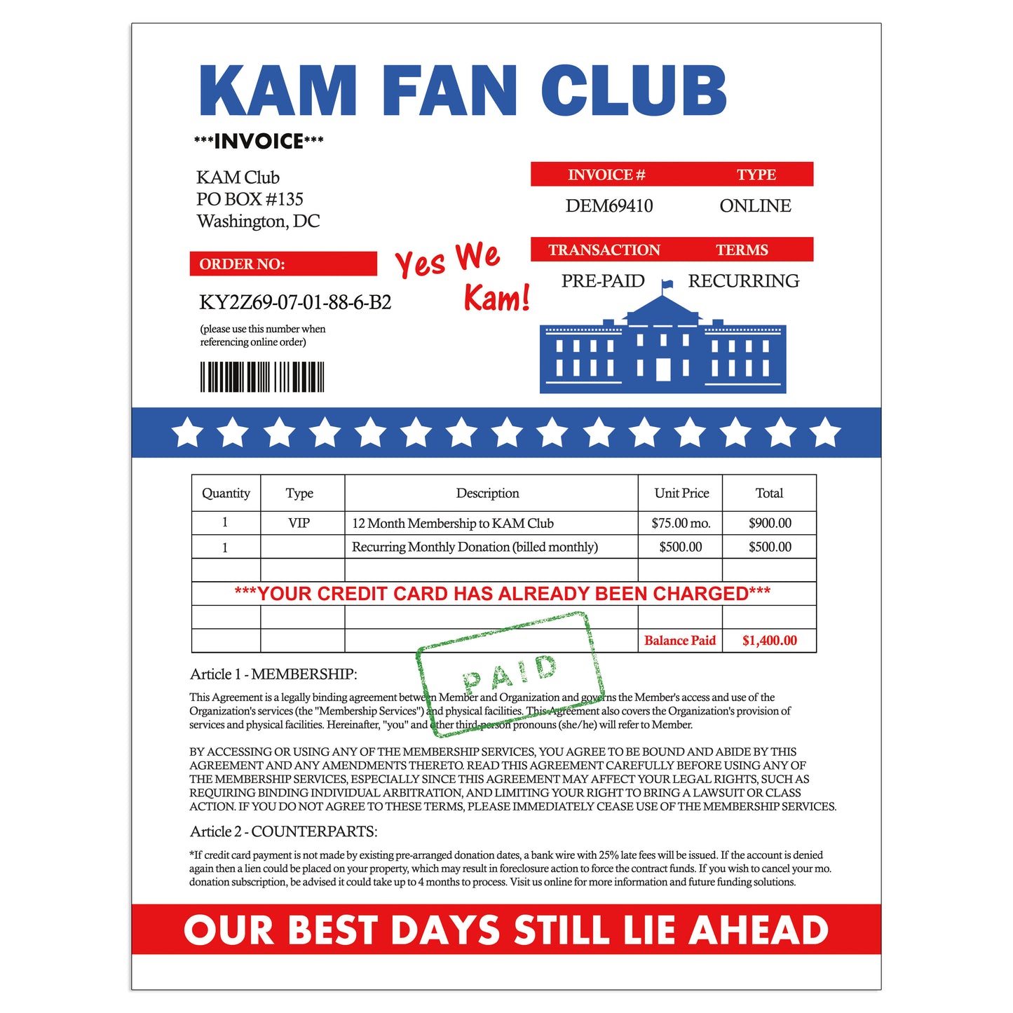Harris Kam Fan Club Membership Donation Prank Mail