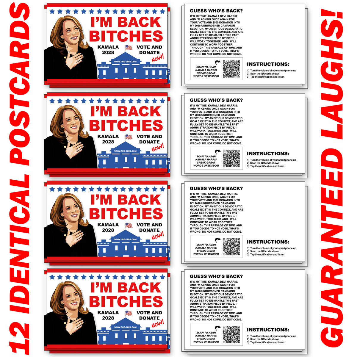 Kamala Harris 2028 I'm Back Bitches Prank Postcards 12 Pack