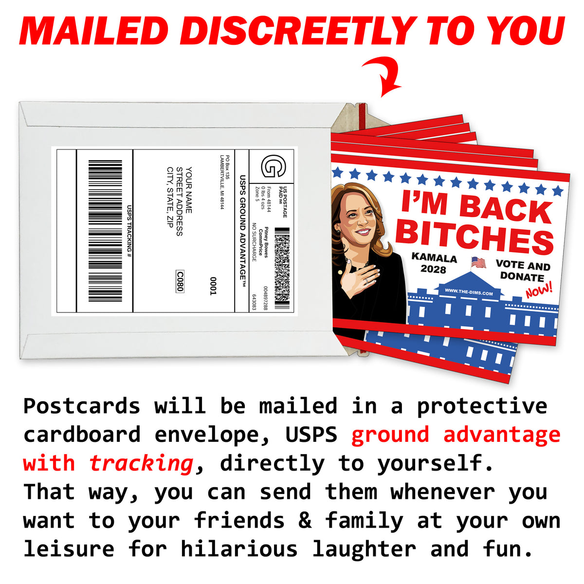 Kamala Harris 2028 I'm Back Bitches Prank Postcards 12 Pack