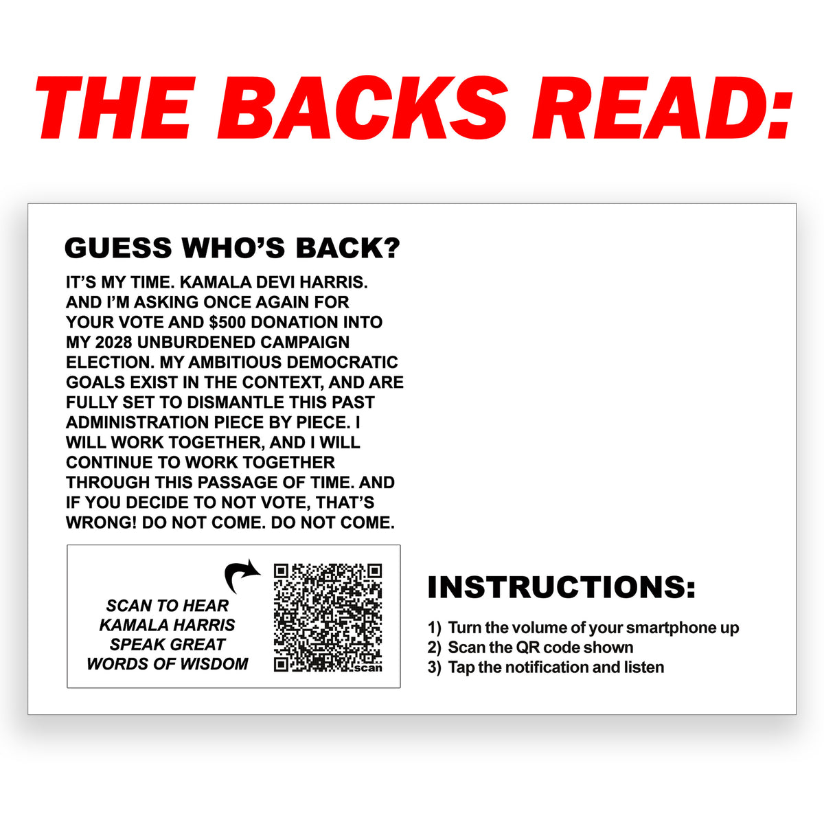 Kamala Harris 2028 I'm Back Bitches Prank Postcards 12 Pack