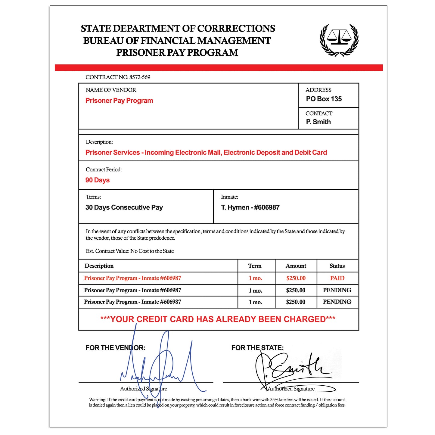 Fake Prison Pay Program Document Mail Prank