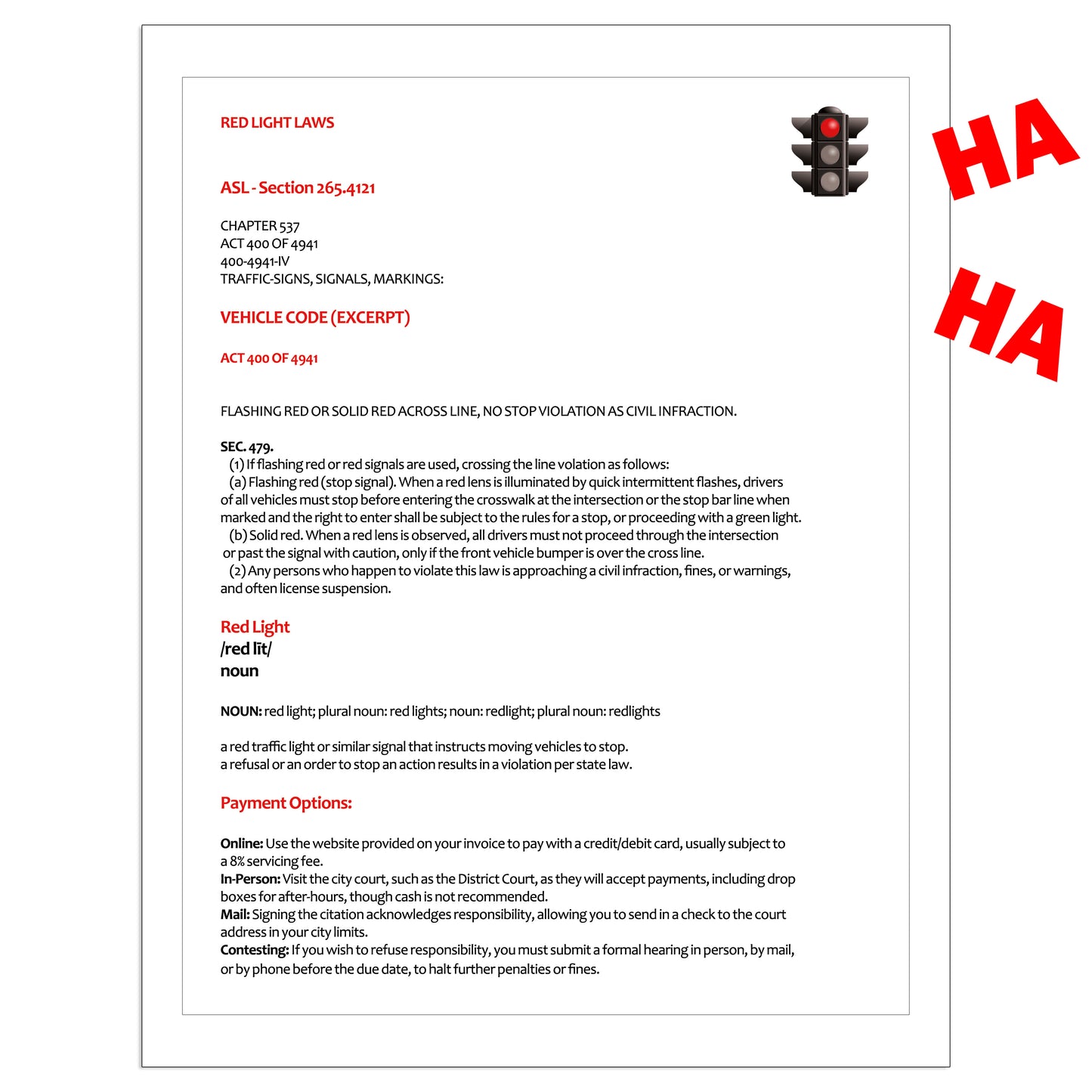 Red Light Ticket Fake Document Prank Mail