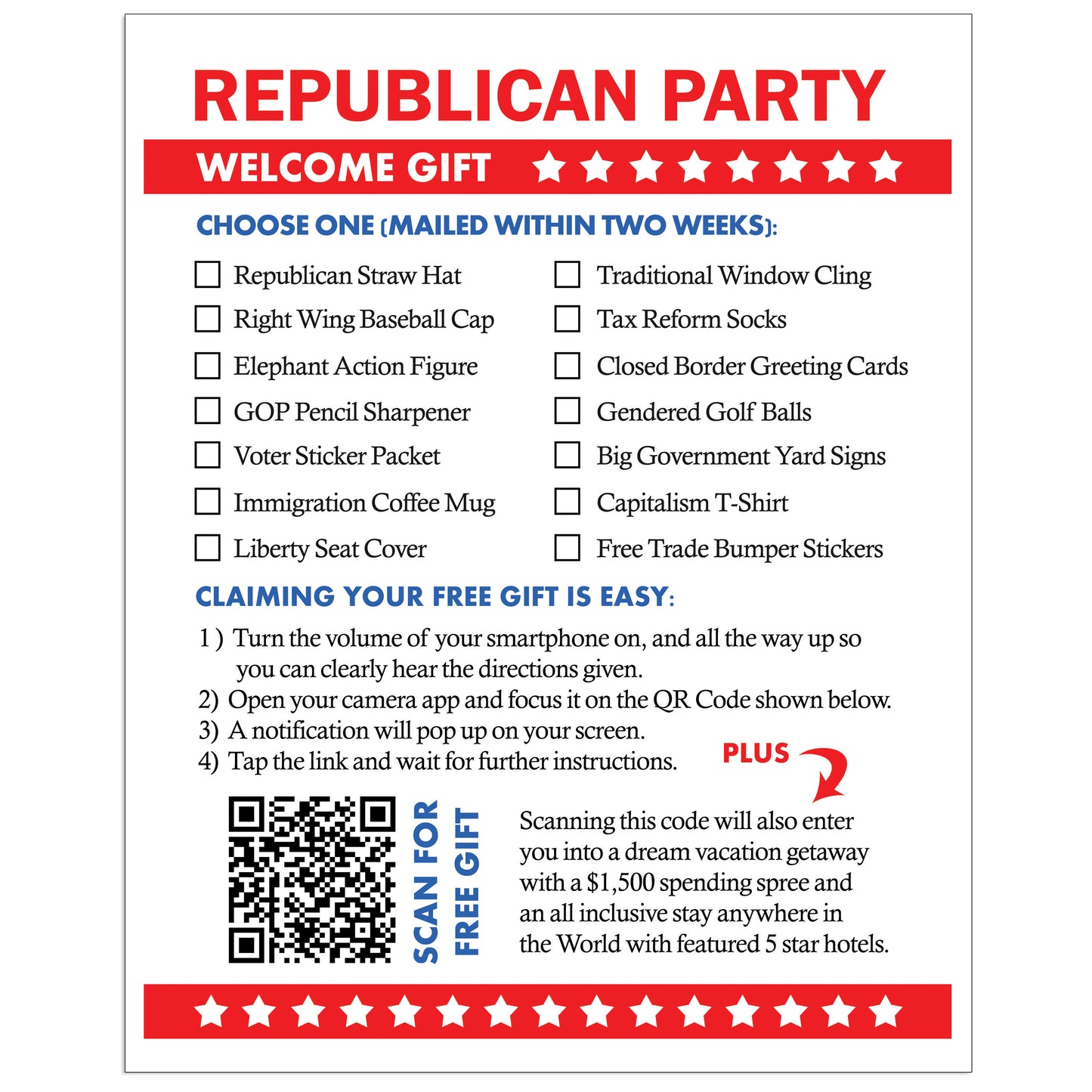 Prank Republican Welcome Gift Packet Mail Joke