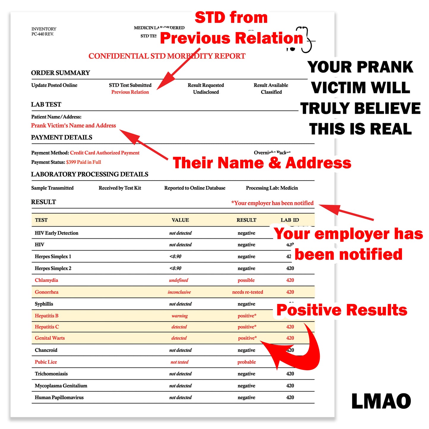 STD Notice Report Fake Prank Mail Gag Gift for Revenge!