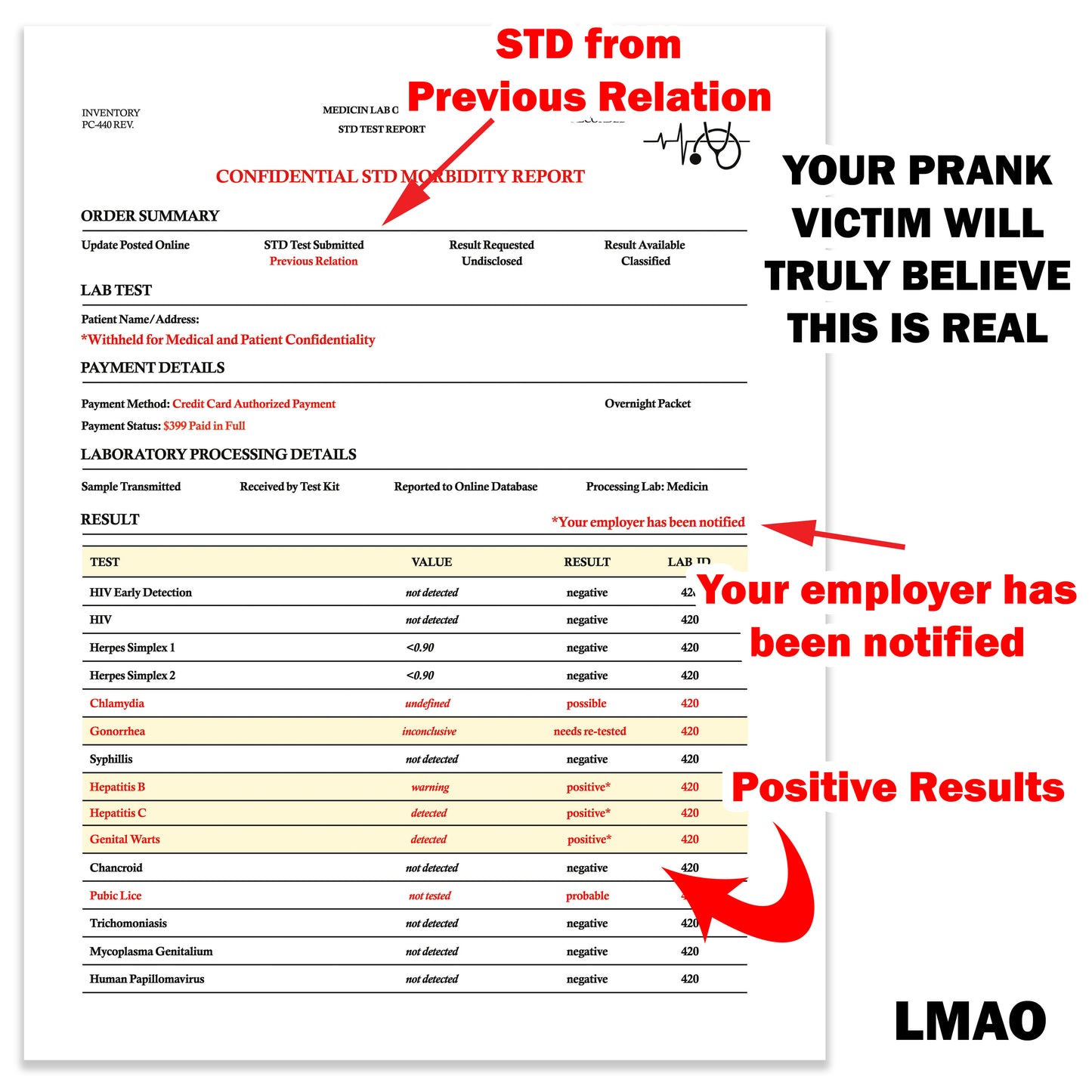 STD Notice Report Fake Prank Mail Gag Gift for Revenge!