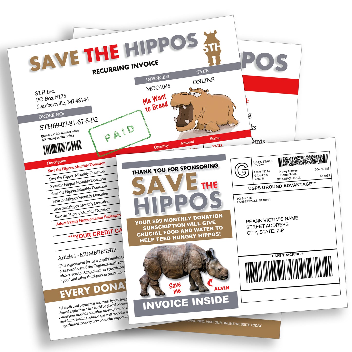Save The Hippos Fake Document Packet Prank Mail