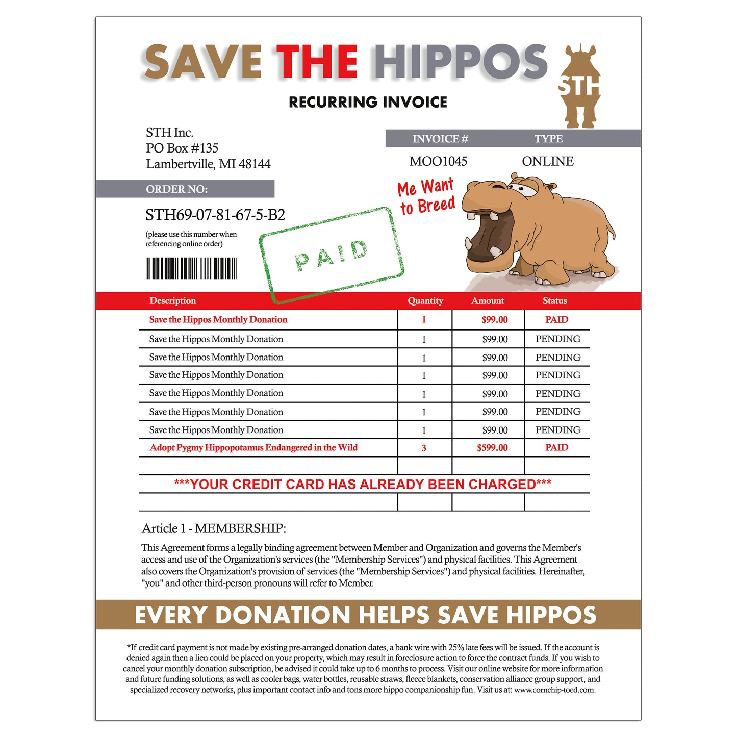 Save The Hippos Fake Document Packet Prank Mail