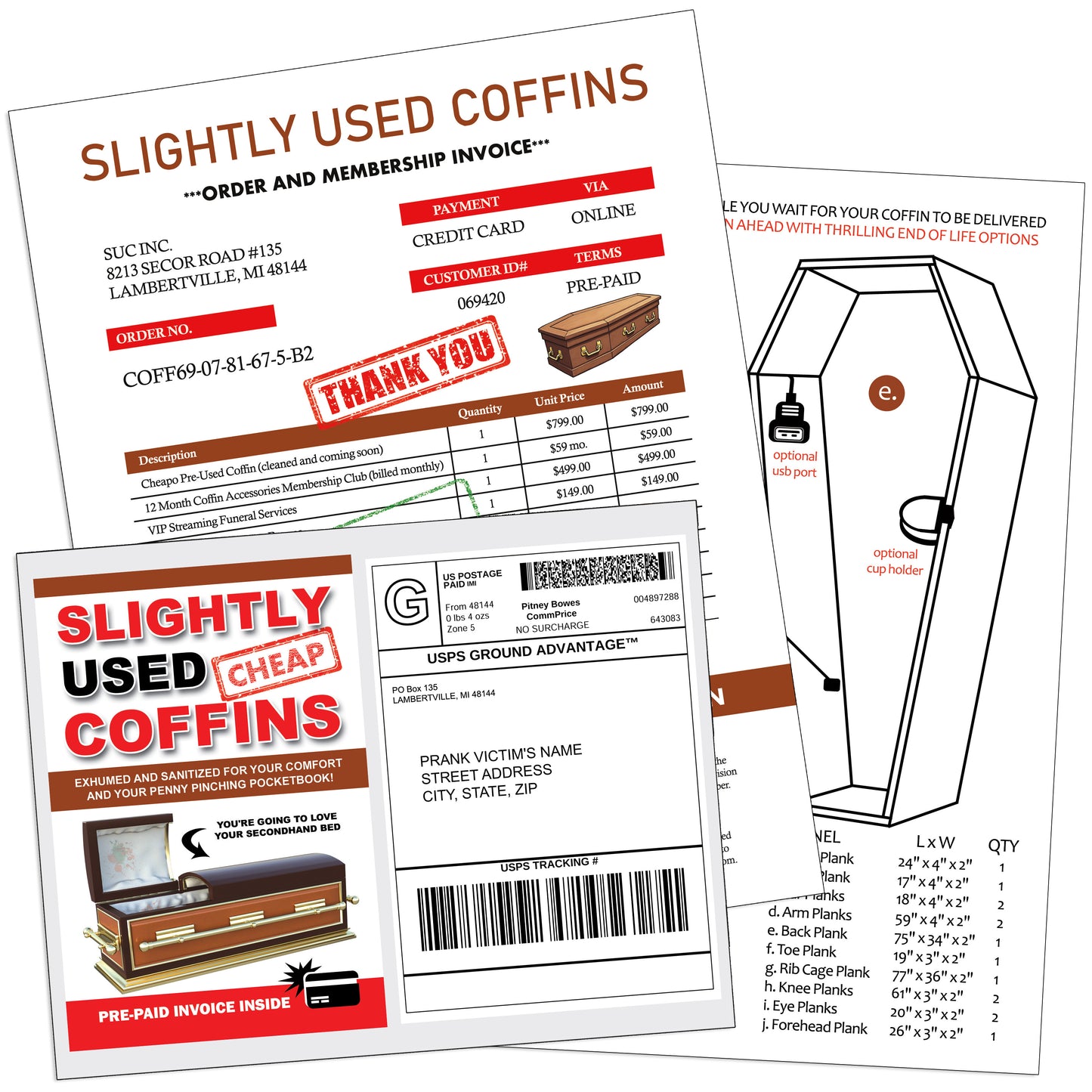 Slightly Used Cheap Coffins Fake Document Prank Mail